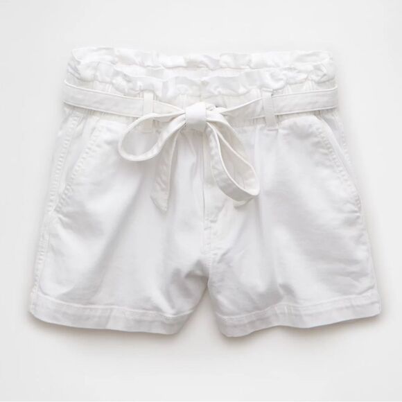 AE 14-16 White Stretch Relaxed Fit Paper Bag Denim Belted High Rise Mom Shorts - Picture 5 of 15